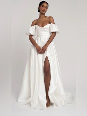 Jenny Yoo Marisol Elegant Off-Shoulder White Evening Gown with Puff Sleeves